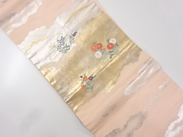 雲に草花模様織り出し名古屋帯
